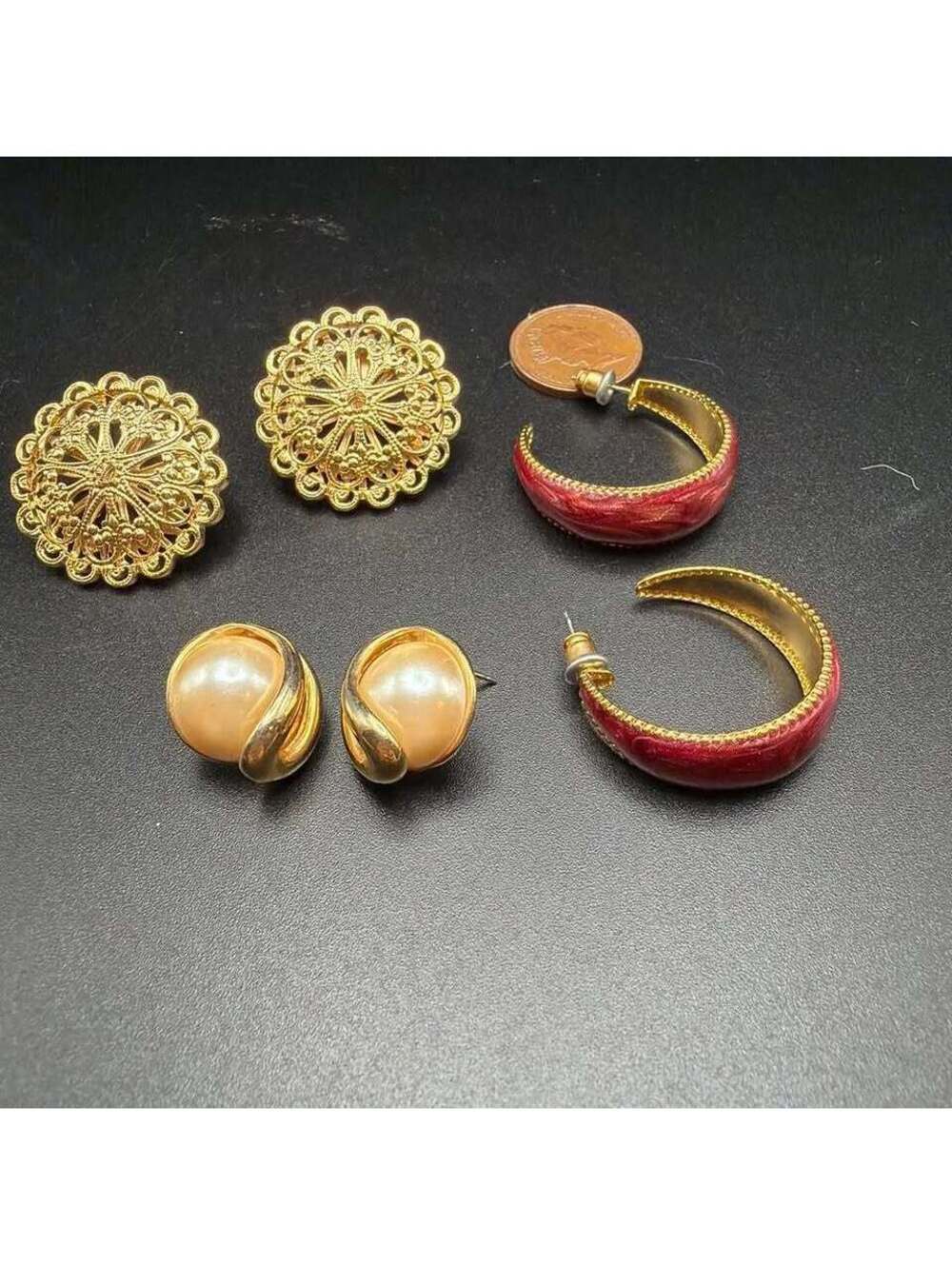 Vintage Costume Jewelry Earring Lot - Faux Pearl, Filigree, Red Enamel Hoops